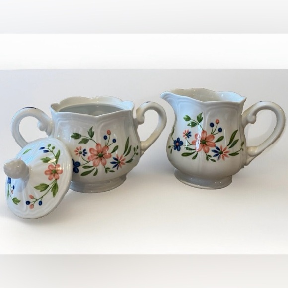 Vintage Retired Sears Country French Ironstone Sugar Bowl And Creamer Set Floral - Picture 5 of 15